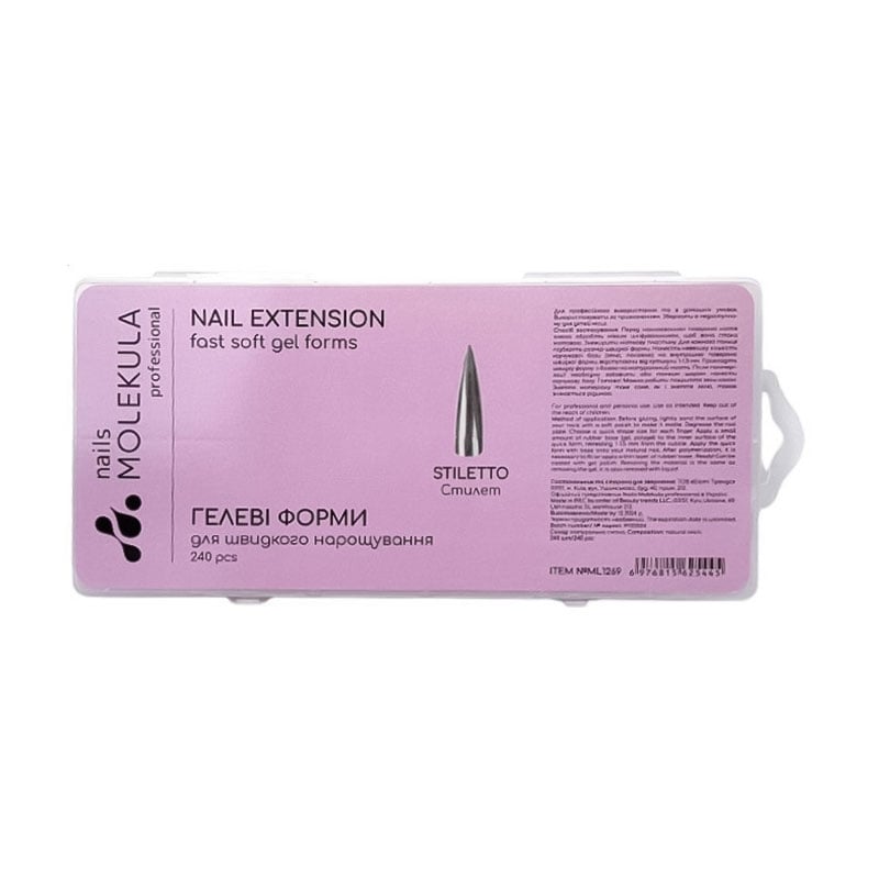 Гелеві типси для нарощування нігтів Nails Molekula Professional Nail Extension Fast Soft Gel Forms Stiletto, 240 шт